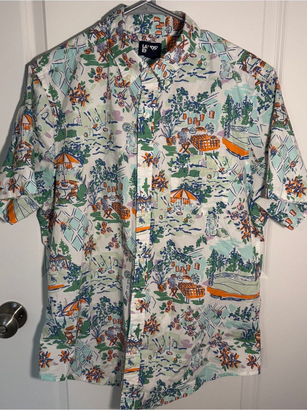 Lands' End Men's Short-Sleeve Button-Down Shirt in White, Green, Orange